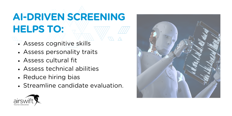 AI driven screening reduce hiring bias and streamline candidate evaluation.&nbsp;